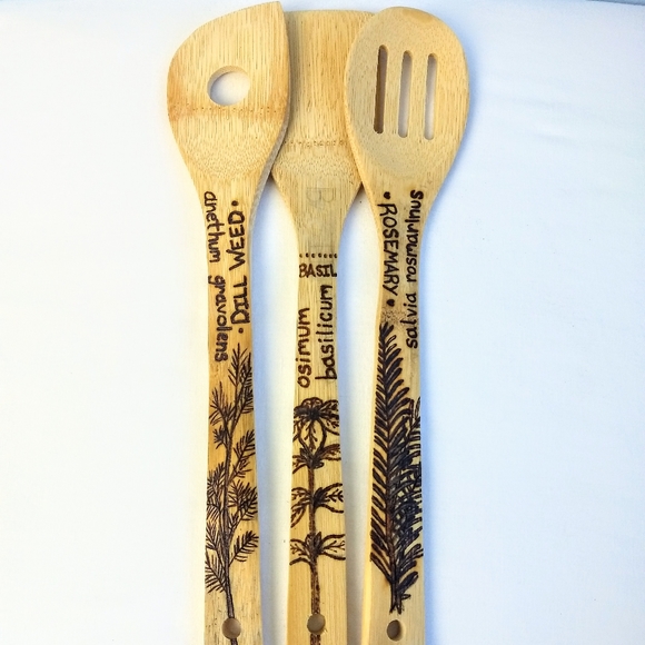 Kitchen Herbs Woodburned By Hand Bamboo Utensils - Picture 3 of 5